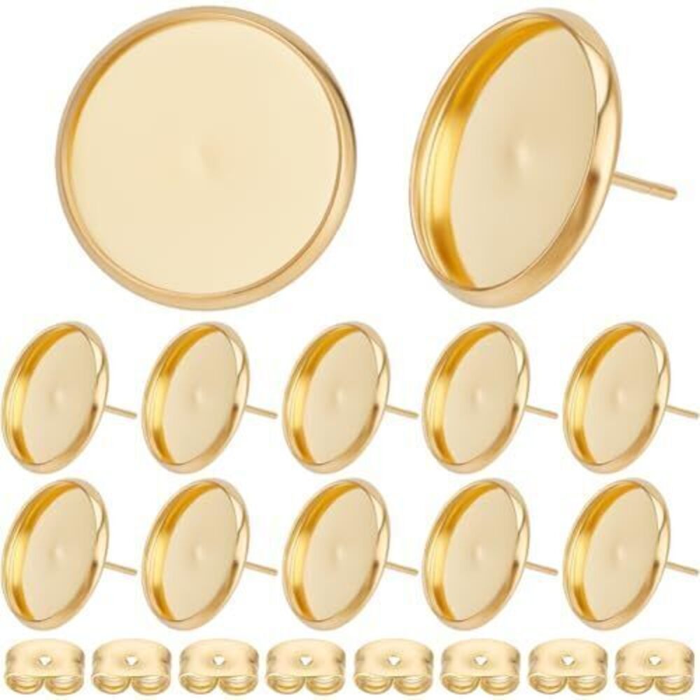 2254 1 Box 50Pcs 16mm Cabochon Earring Blanks 18K Gold Plated Stainless